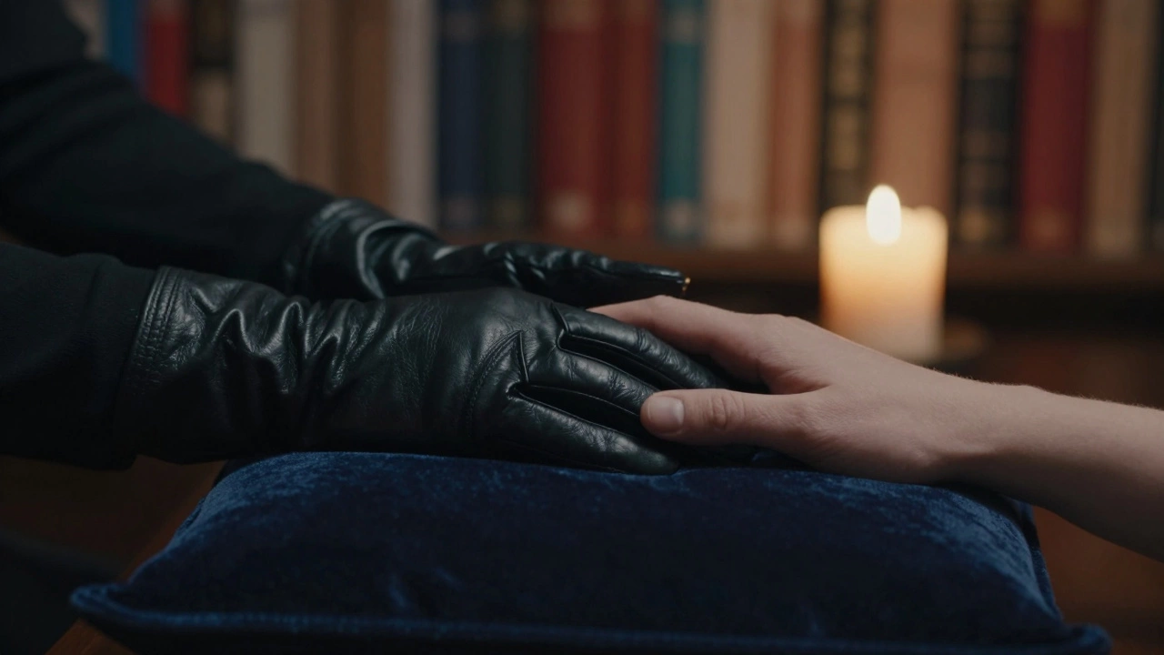 A gloved hand and an open hand rest near each other on velvet, symbolizing trust without contact.
