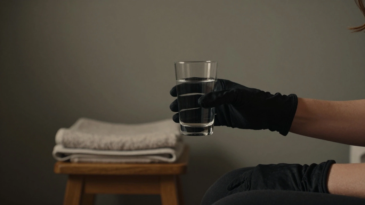A gloved hand offers a glass of water to a shadowed figure in a quiet, intimate space.