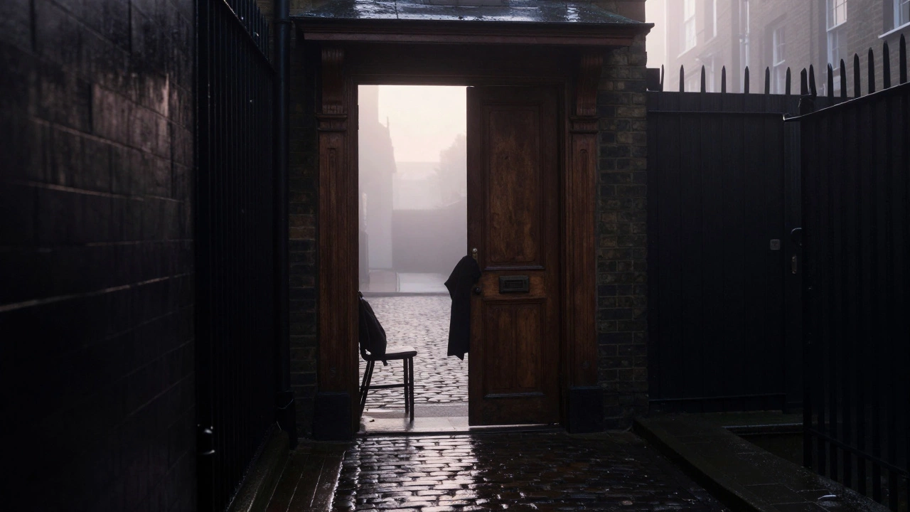 An empty doorway in a rainy London alley at dawn, hinting at a private, unseen space within.