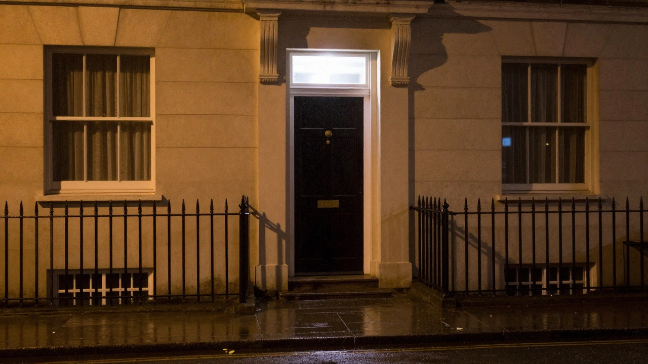An unmarked door slightly open in a rainy London night, glowing faintly from within.