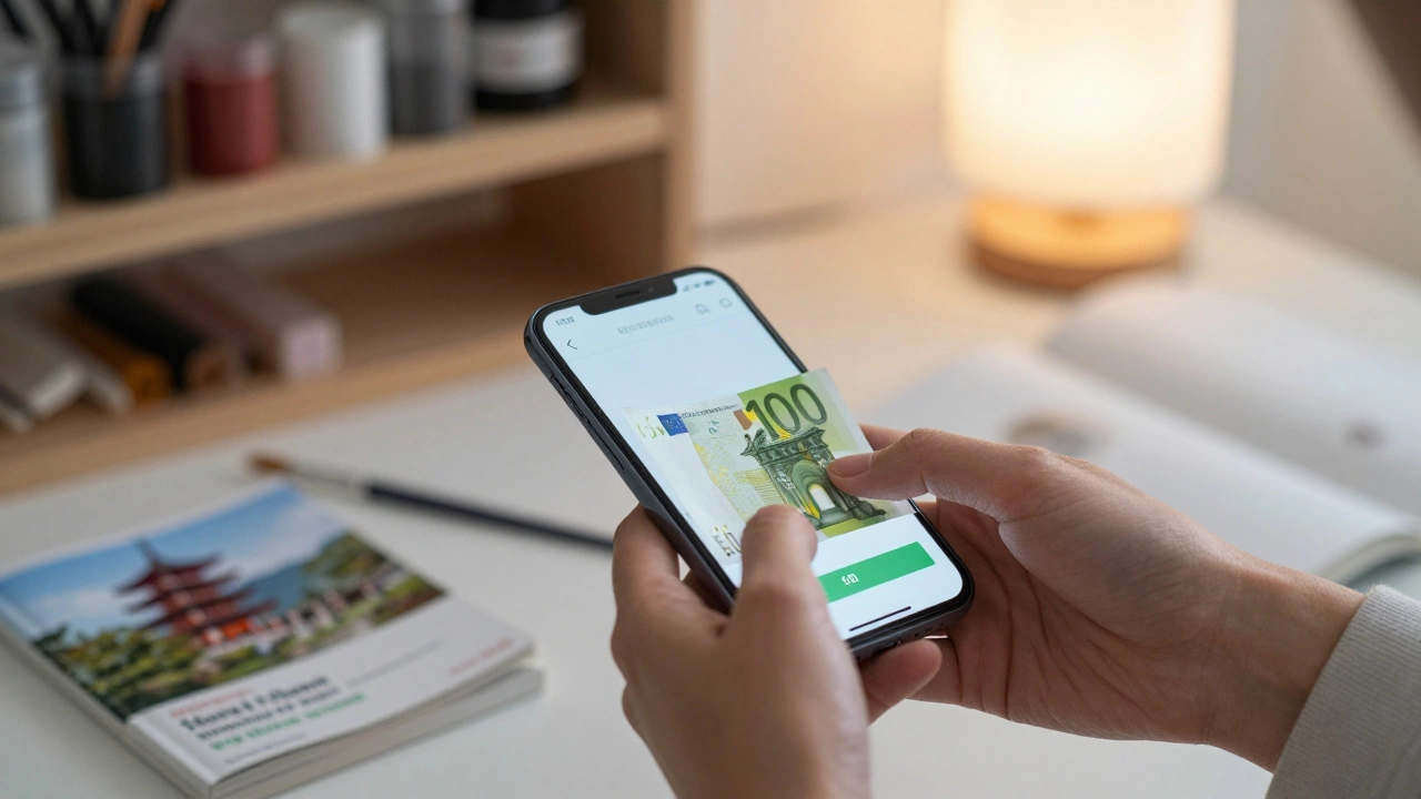 Hands placing cash into a digital payment app beside art supplies and a Japan travel guide.